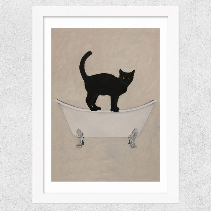 Cat On Bathtub Wide White Frame