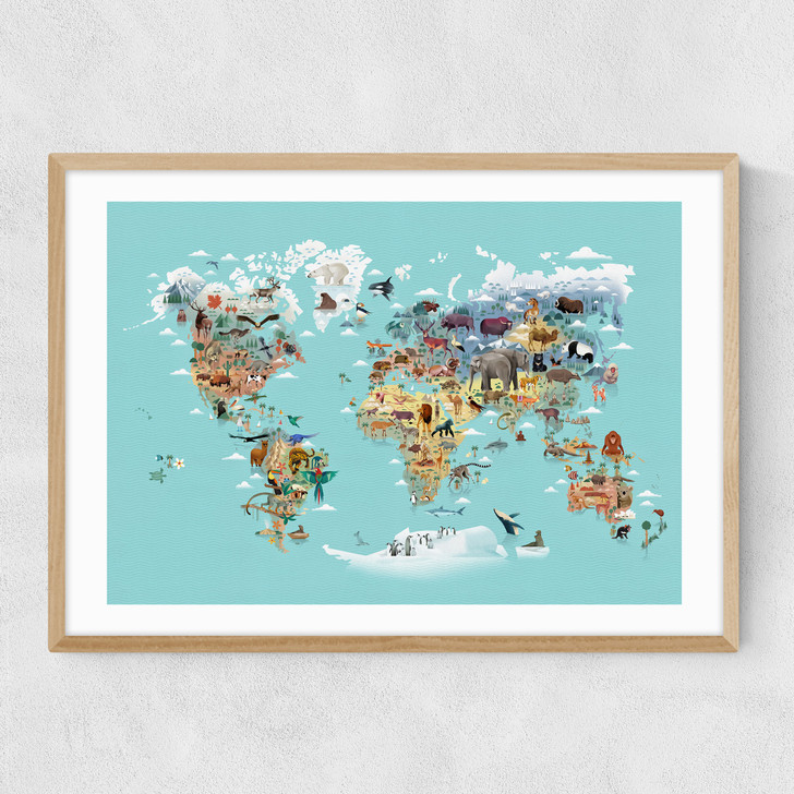 World Map of Animals Narrow Oak Frame World Map of Animals Narrow Oak Frame