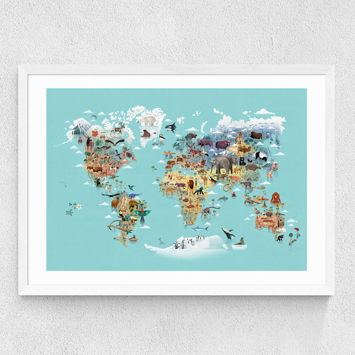 World Map of Animals Medium White Frame World Map of Animals Medium White Frame