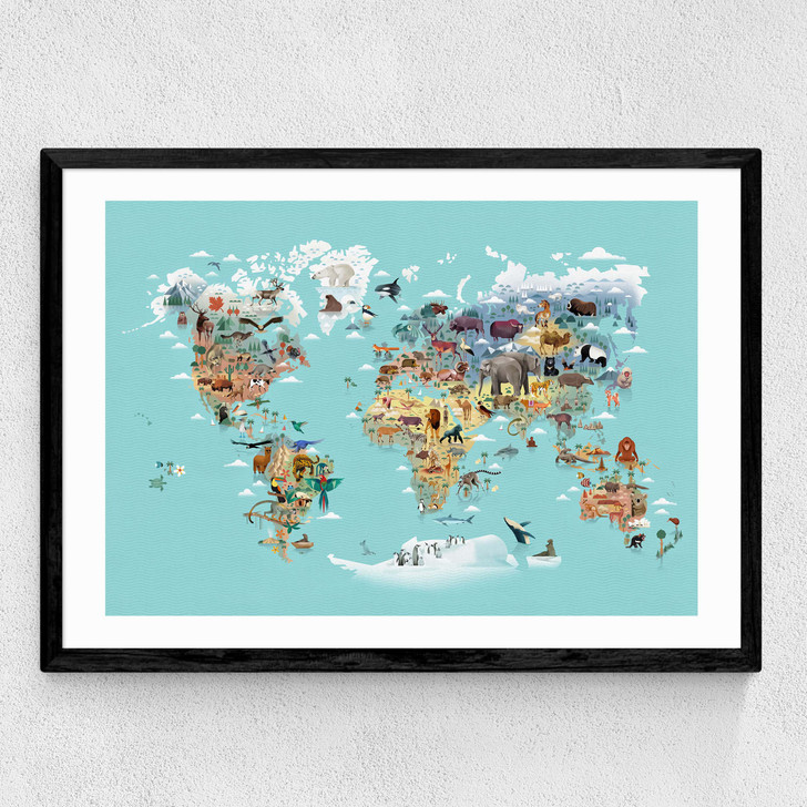 World Map of Animals Medium Black Frame