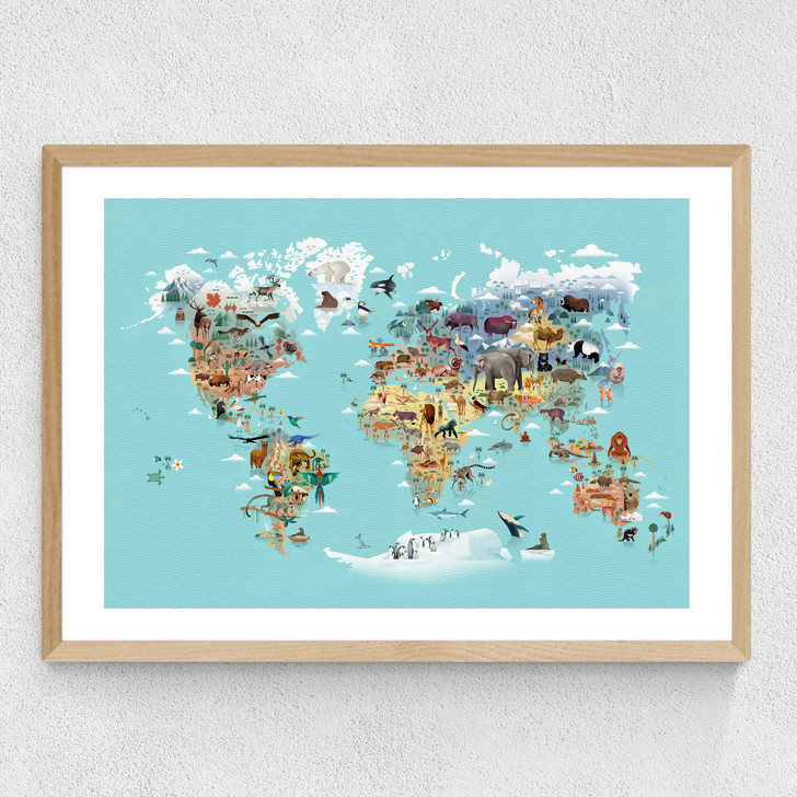 World Map of Animals Medium Oak Frame