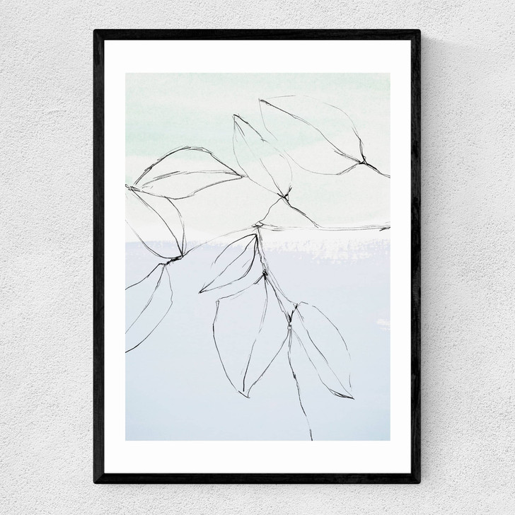 Leaves On Pastel Blue & Mint Narrow Black Frame