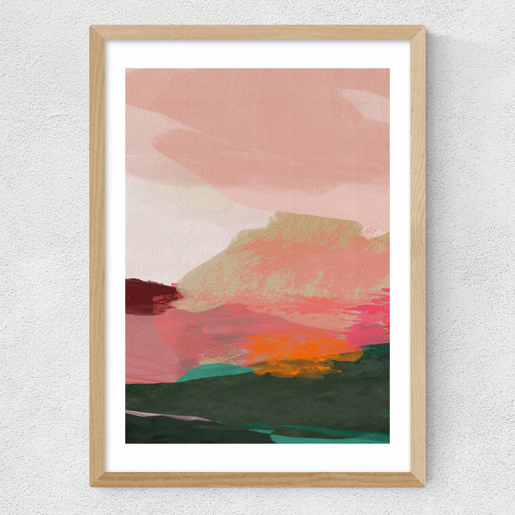 Green and Pink Abstract I Medium Oak Frame