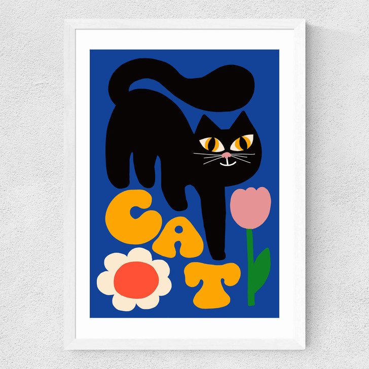 Cat and Tulip Medium White Frame
