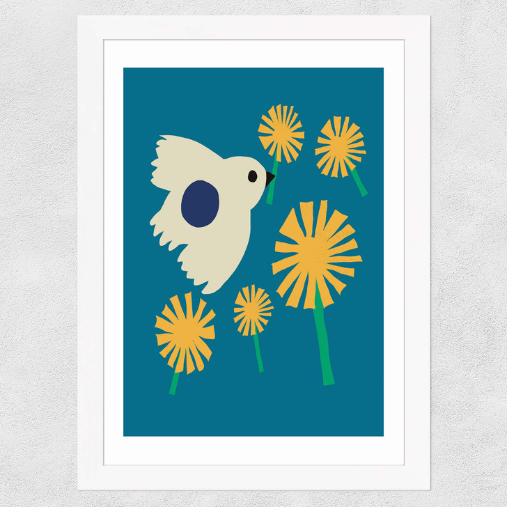 Dandelion Bird Wide White Frame