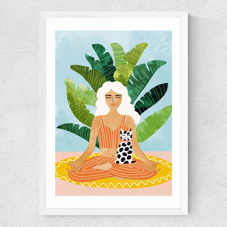 Meditation with Cat Medium White Frame