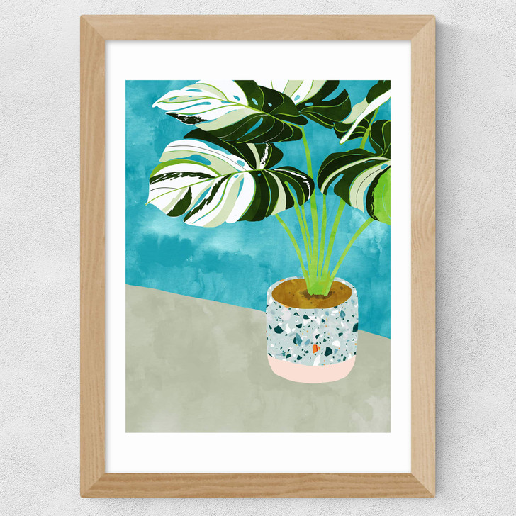 Variegated Monstera Wide Oak Frame Variegated Monstera Wide Oak Frame