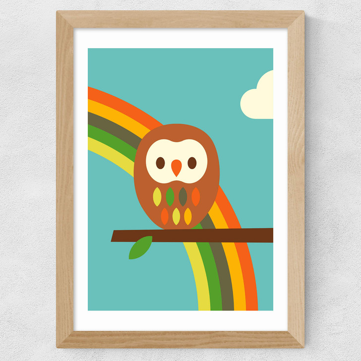 Dicky Bird - Owl and Rainbow Wide Oak Frame
