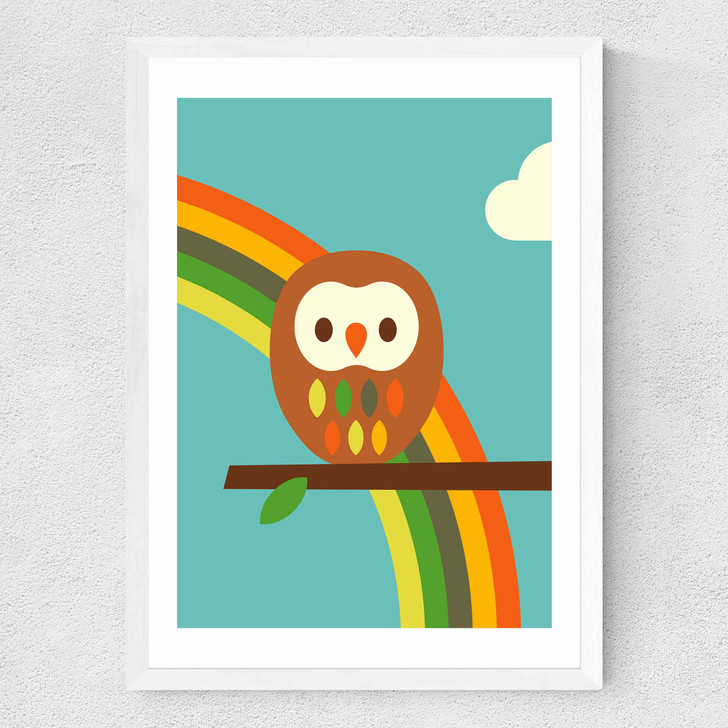 Dicky Bird - Owl and Rainbow Medium White Frame