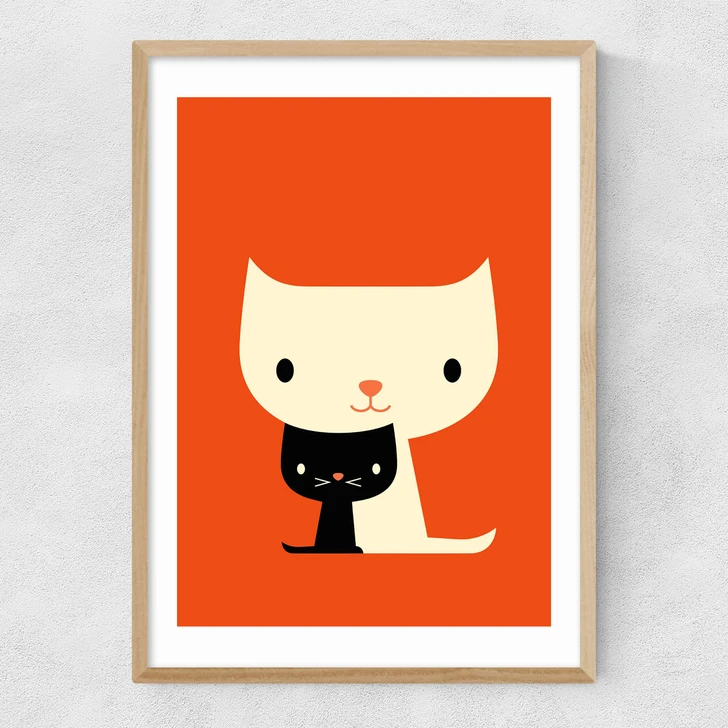Dicky Bird - Two Cats Narrow Oak Frame