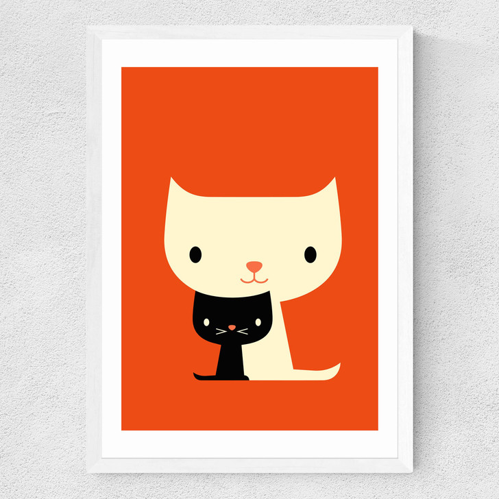 Dicky Bird - Two Cats Medium White Frame