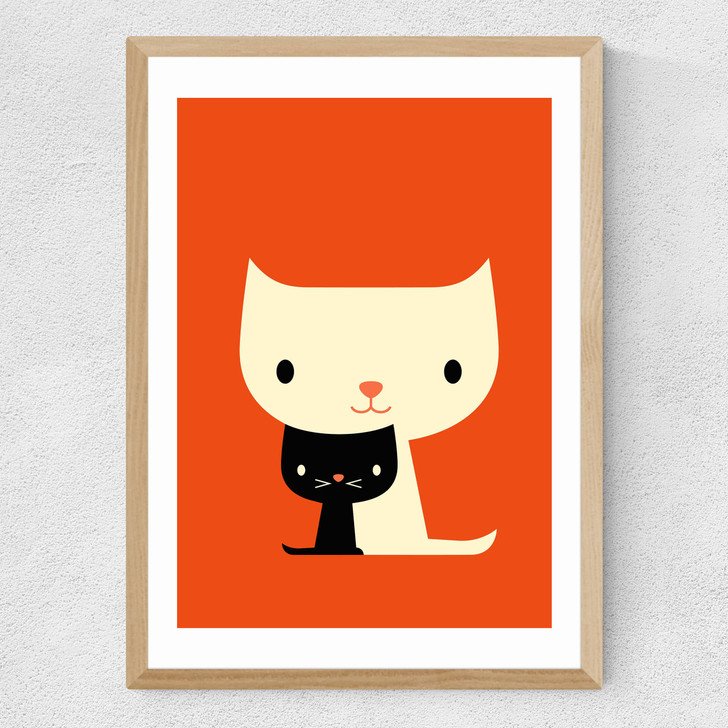 Dicky Bird - Two Cats Medium Oak Frame