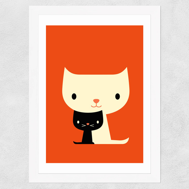 Dicky Bird - Two Cats Wide White Frame