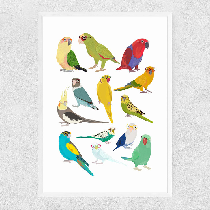 Parrots Narrow White Frame