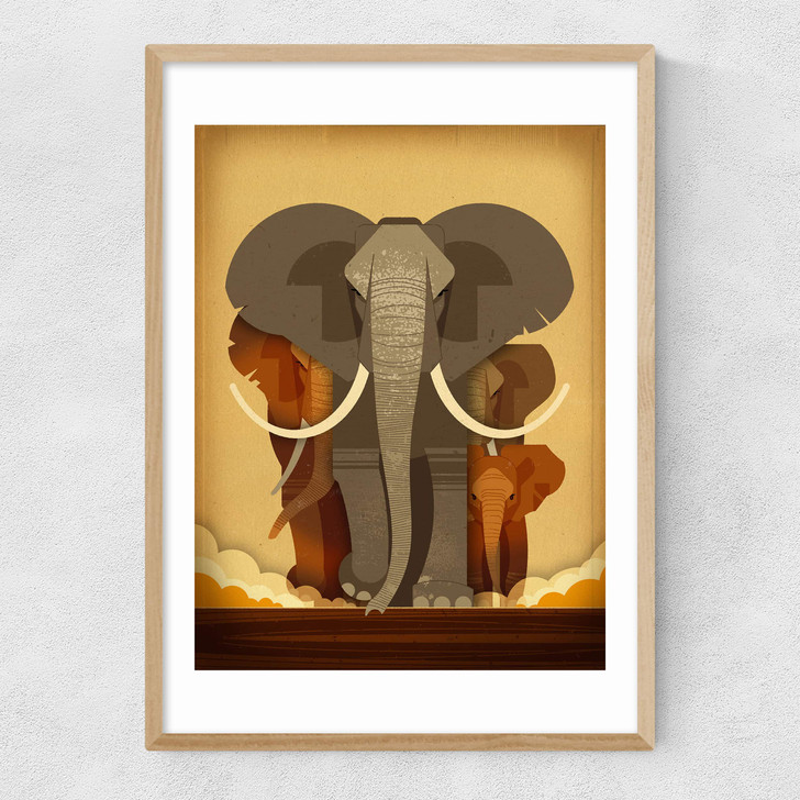 Elephant Stampede Narrow Oak Frame Elephant Stampede Narrow Oak Frame