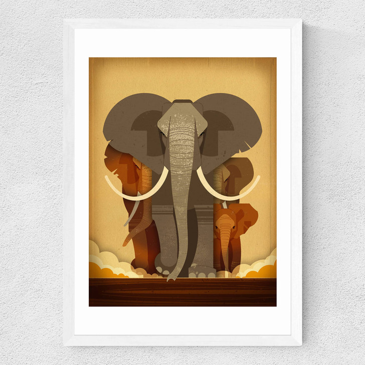 Elephant Stampede Medium White Frame Elephant Stampede Medium White Frame