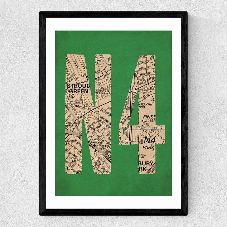N4 Postcode Map Medium Black Frame N4 Postcode Map Medium Black Frame