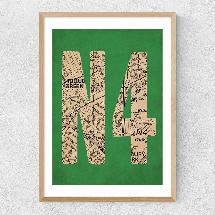N4 Postcode Map Narrow Oak Frame