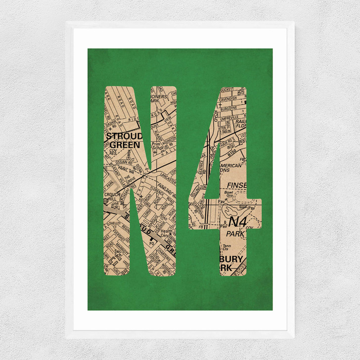 N4 Postcode Map Narrow White Frame