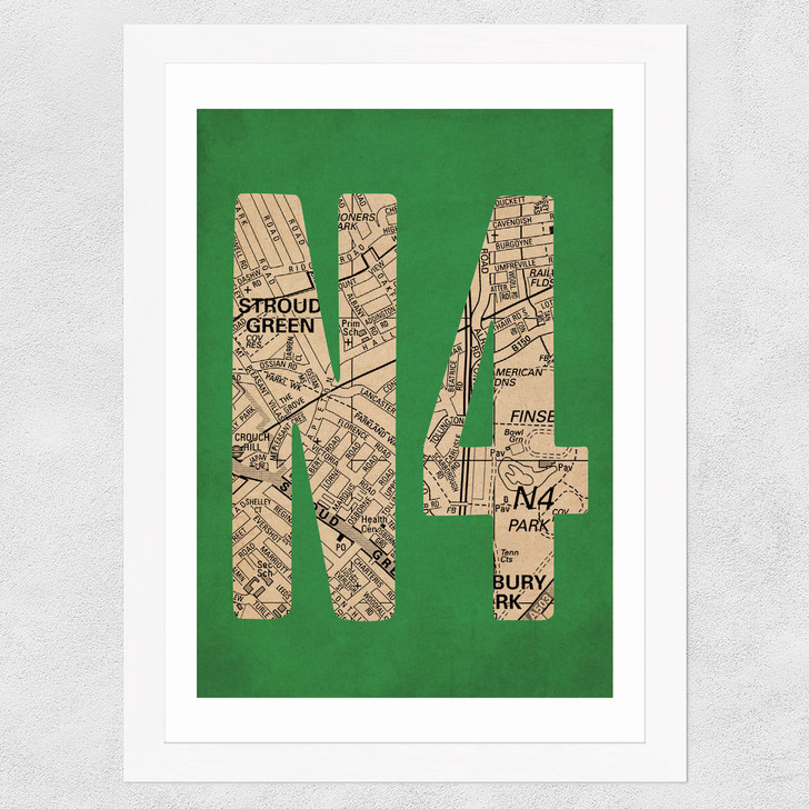 N4 Postcode Map Wide White Frame