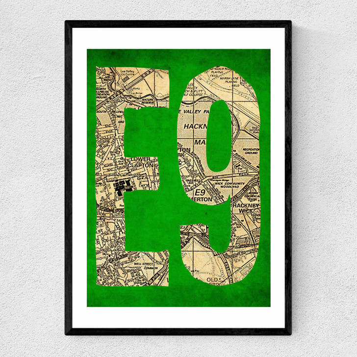 E9 Postcode Map Narrow Black Frame