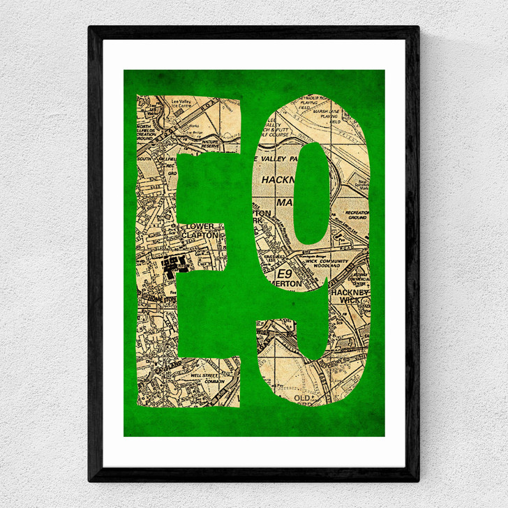 E9 Postcode Map Medium Black Frame