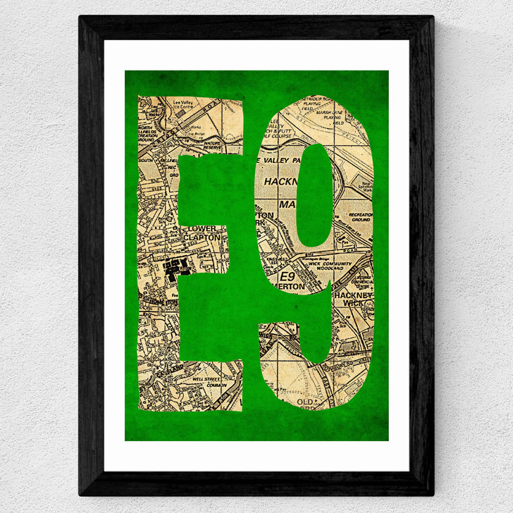 E9 Postcode Map Wide Black Frame