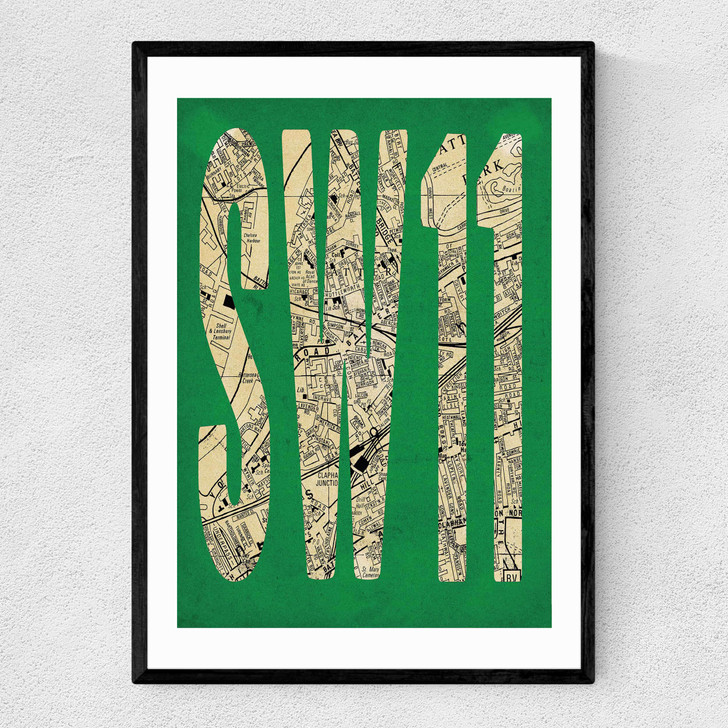 SW11 Postcode Map Narrow Black Frame