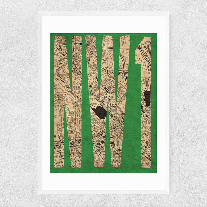 NW1 Postcode Map Narrow White Frame