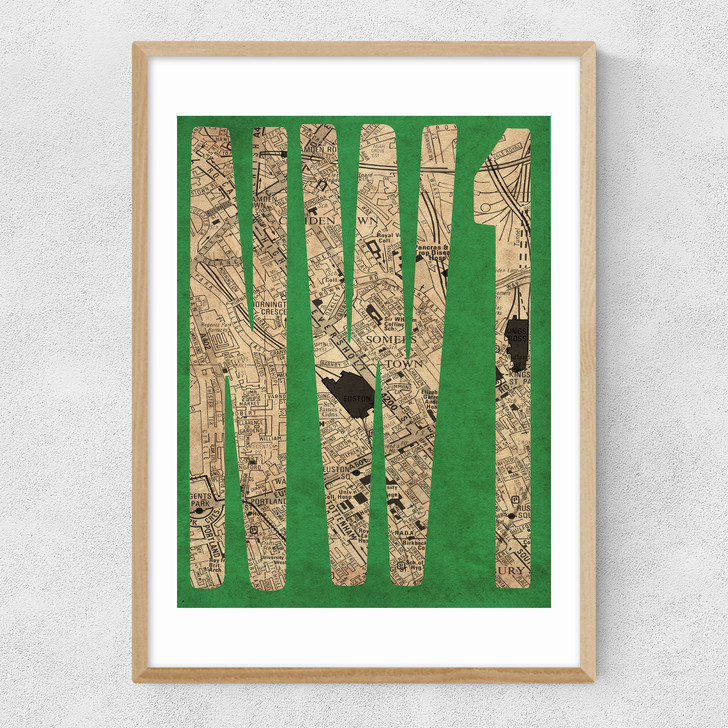 NW1 Postcode Map Narrow Oak Frame
