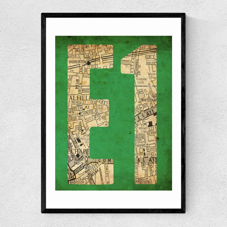 E1 Postcode Map Narrow Black Frame