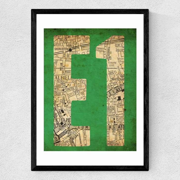 E1 Postcode Map Medium Black Frame