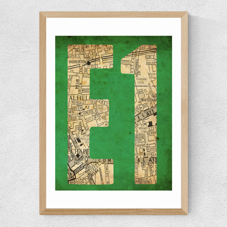 E1 Postcode Map Medium Oak Frame