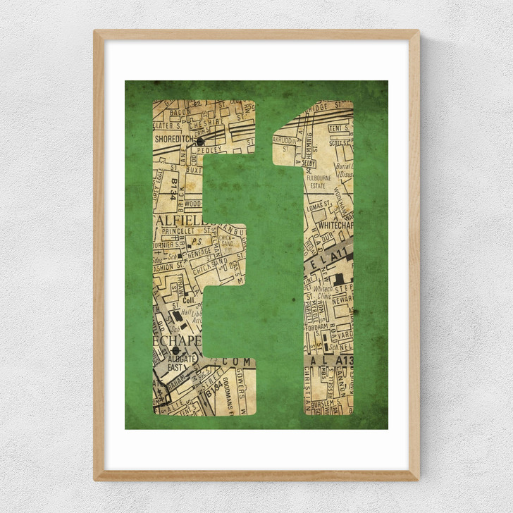 E1 Postcode Map Narrow Oak Frame