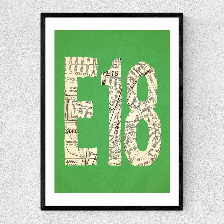 E18 Postcode Map Narrow Black Frame