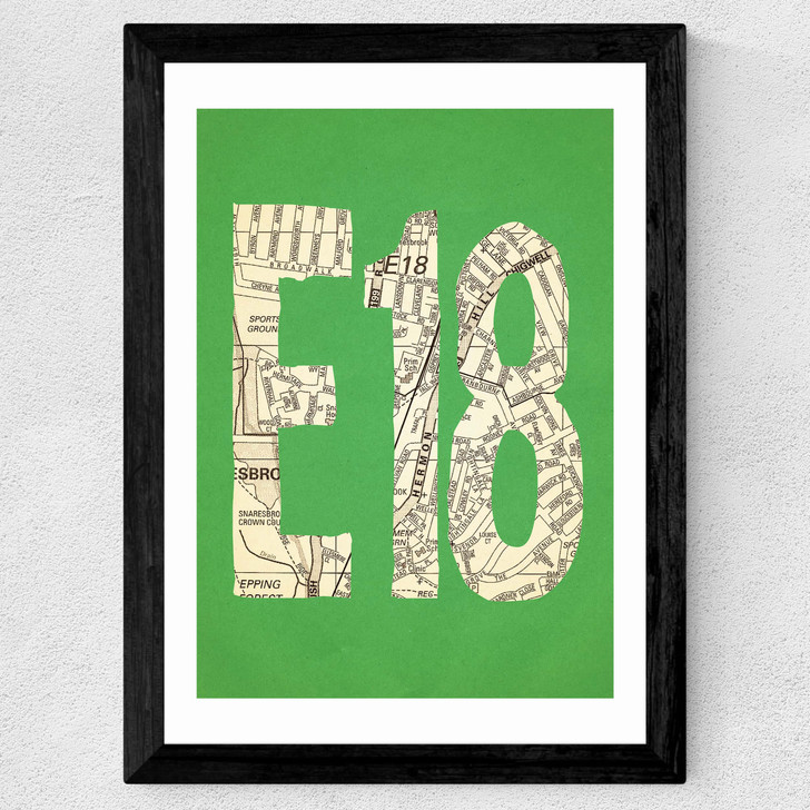 E18 Postcode Map Wide Black Frame