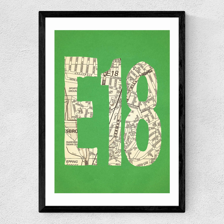 E18 Postcode Map Medium Black Frame