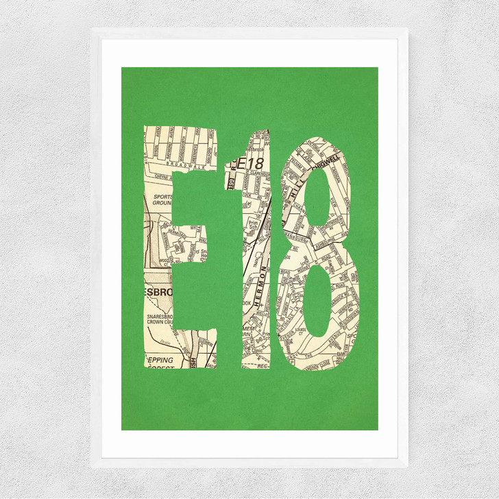 E18 Postcode Map Narrow White Frame