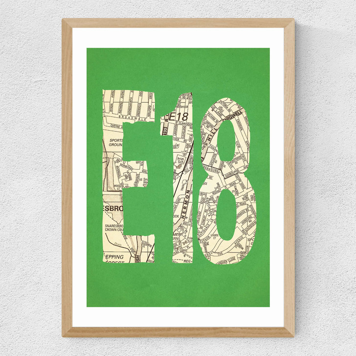 E18 Postcode Map Medium Oak Frame