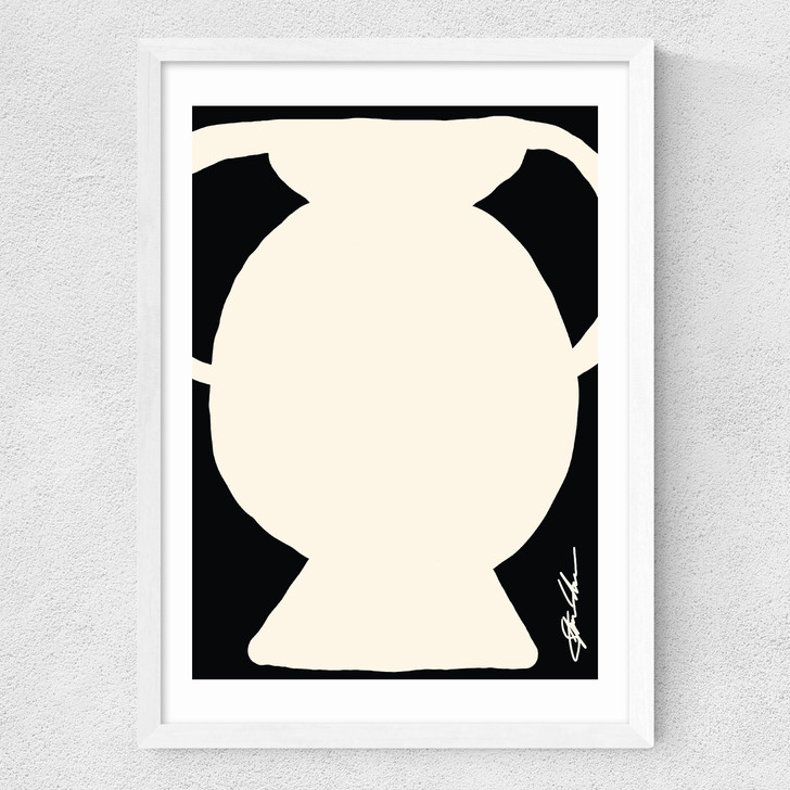 abstract monochrome vase art print by stephie cardona in white frame