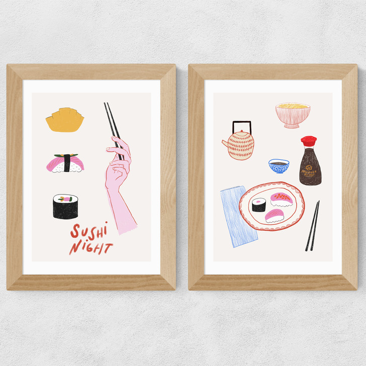 Sushi Night Diptych Wide Oak Frame
