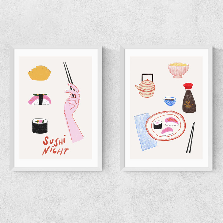 Sushi Night Diptych Narrow White Frame