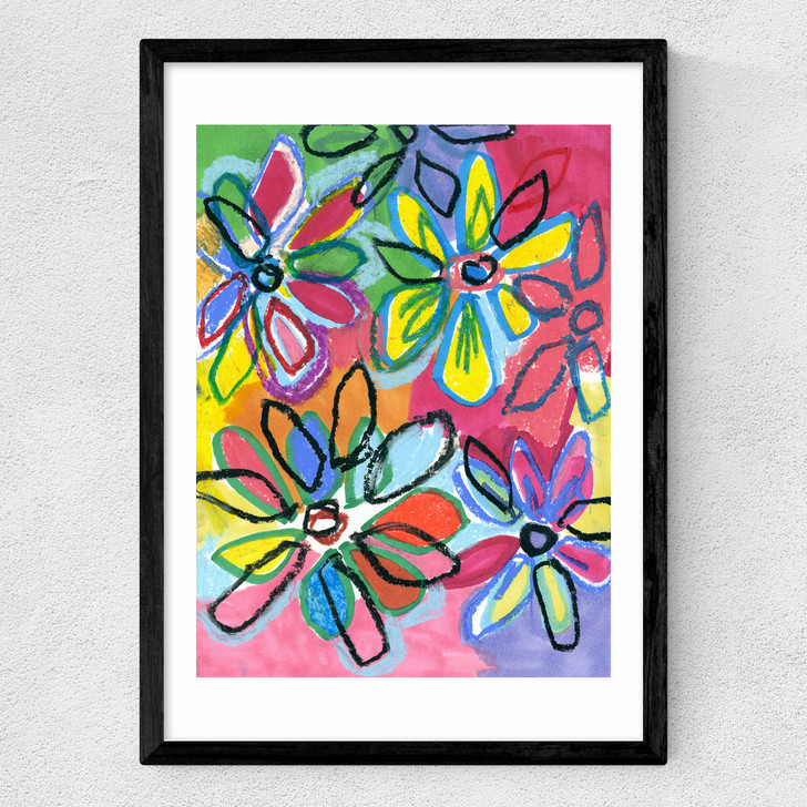 Abstract Bright Flowers Medium Black Frame