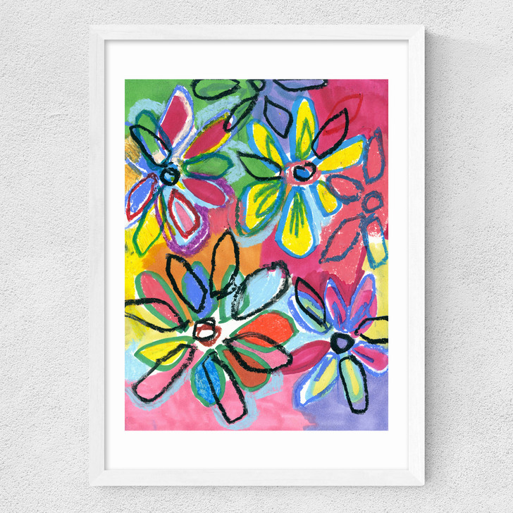 Abstract Bright Flowers Medium White Frame