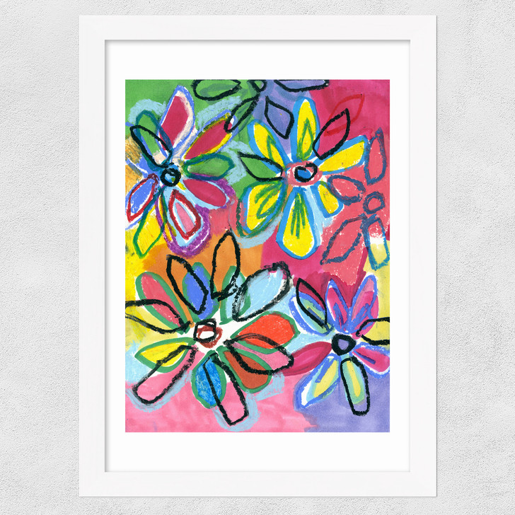 Abstract Bright Flowers Wide White Frame