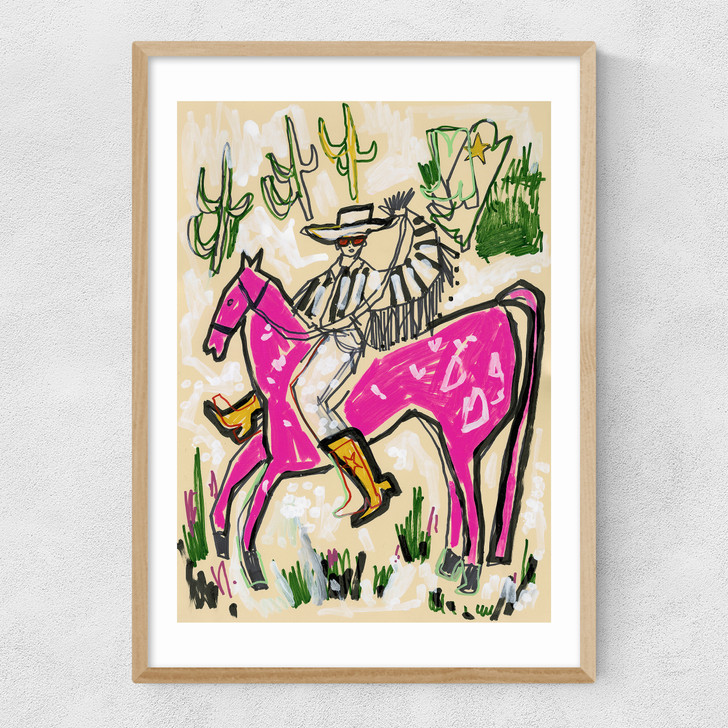 Pink Horse Cowboy Narrow Oak Frame