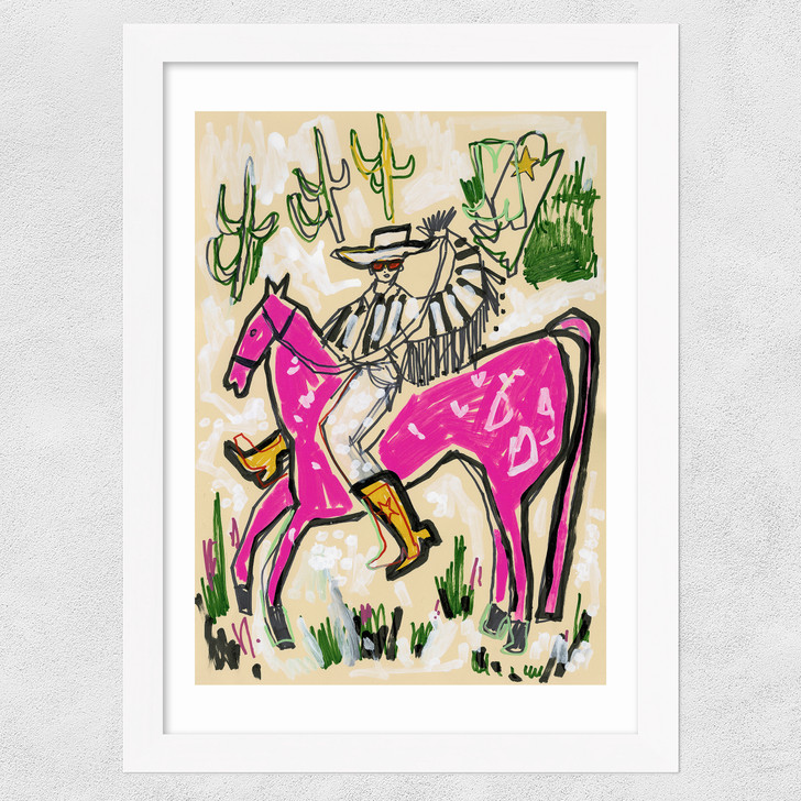 Pink Horse Cowboy Wide White Frame