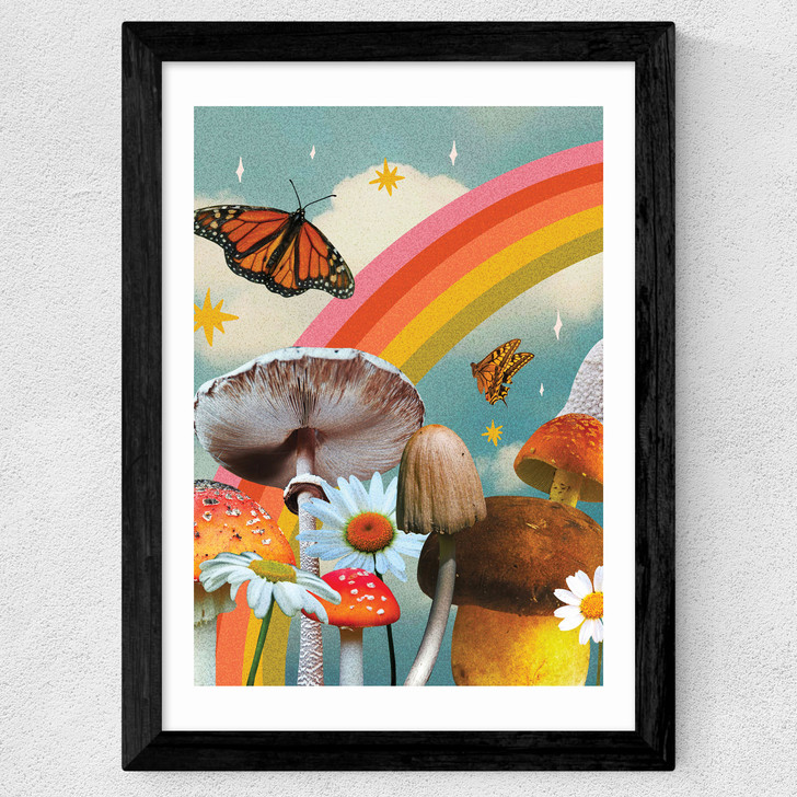 Vintage Mushroom Collage Wide Black Frame