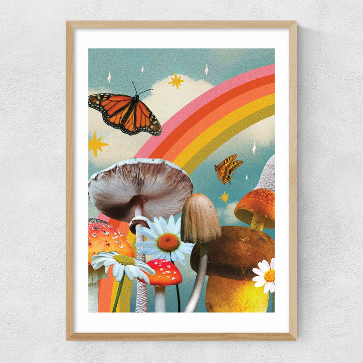 Vintage Mushroom Collage Narrow Oak Frame