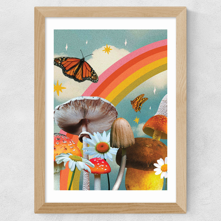 Vintage Mushroom Collage Wide Oak Frame